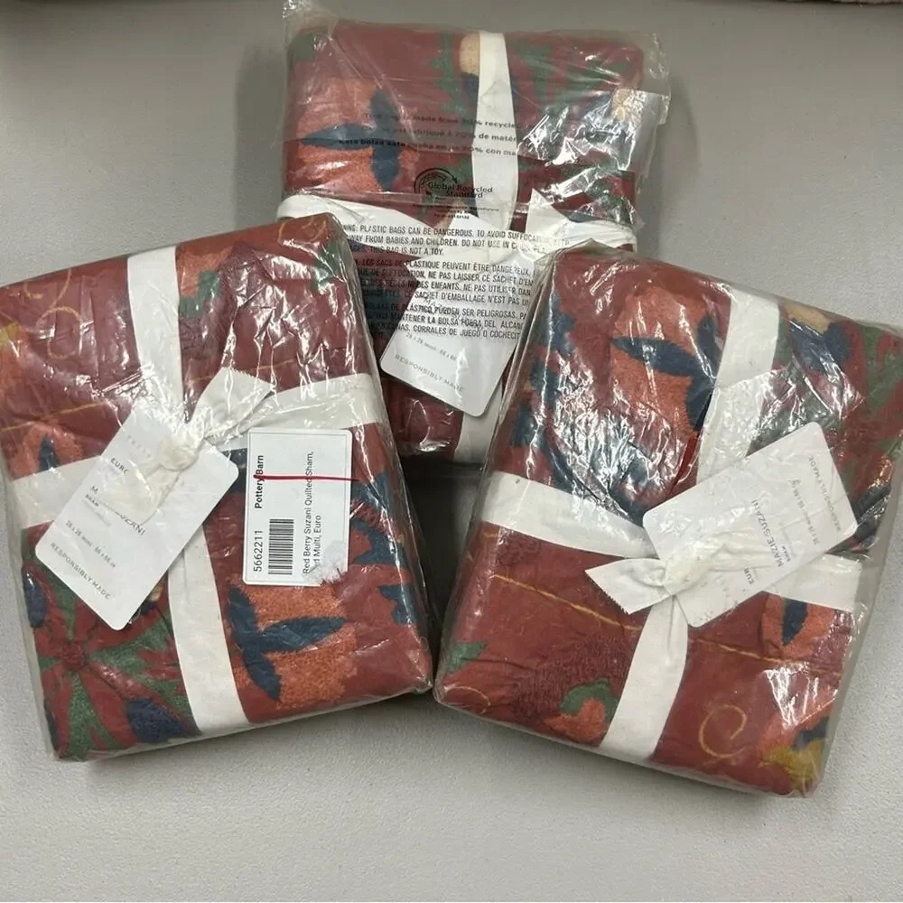 3 Pottery Barn Mazie Suzani Quilted EURO Pillow Sham Covers Embroidered Red NWT